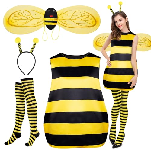 SKJJL Bienenkostüm Erwachsene, Bienen Kostüm Damen, Biene Maja Kostüm Erwachsenef, Kostüm Biene mit Tunika,Gestreifte Beindecke, Flügel, Stirnband für Karneval Kostüm Cosplay von SKJJL