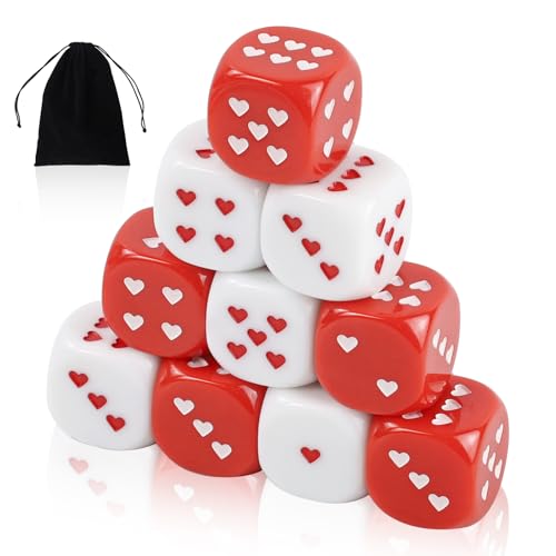 10 Stück Sweetheart Würfel， 25mm Rote und Weiße Spielwürfel aus Acryl，2 Farben Größe Würfel Set with Velvet Bag,D6 Polyedrische Würfel für Tischspiele Math Tutoring，Liebhaber Spiele，Partei von SLAKOZYT