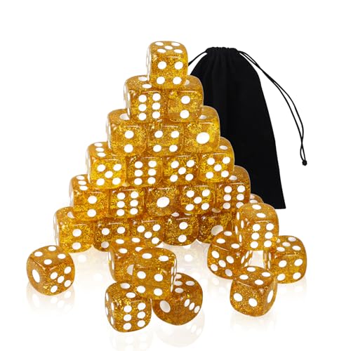 30 Stück Transparente Würfel Set,16mm Acryl würfel in Glitter Gold,6-seitiges Bunt Würfel Set mit abgerundeten Ecken,D6 Standard Würfel mit Taschen für Spiel,Party, Poker,Teaching Math von SLAKOZYT