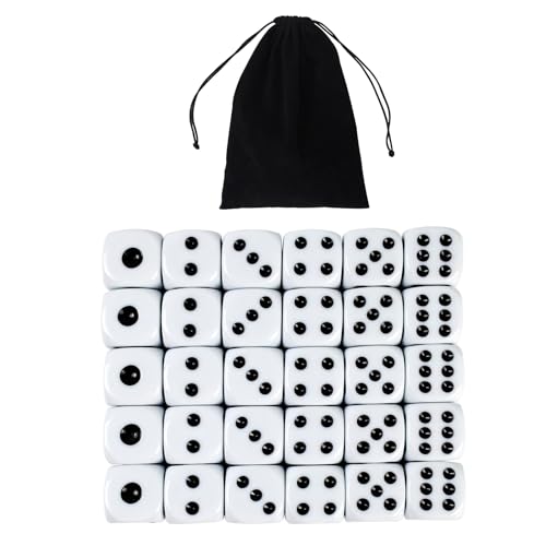 30 Stück Weißer Würfel Set，20mm Standard würfel mit abgerundeten Ecken,6-seitiges Acryl Würfel Set mit Taschen,D6 Standard würfel für Poker,Spiel，Party Brettspiele, Würfelspiele, Teaching Math von SLAKOZYT