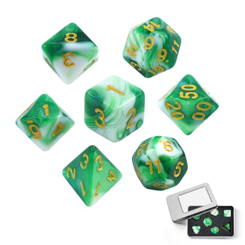 7 Stück Polyedrische Würfel Set,DND Farb Polyedrische Würfel mit Silberner Zinnhülle,Doppel-Farben Polyedrischer Spielwürfel für Dungeons and Dragons DND RPG MTG,Rollenspiele (Grün und Weiß) von SLAKOZYT