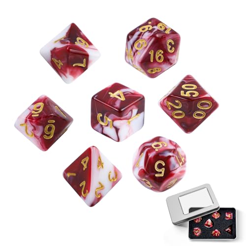 7 Stück Polyedrische Würfel Set,DND Farb Polyedrische Würfel mit Silberner Zinnhülle,Doppel-Farben Polyedrischer Spielwürfel für Dungeons and Dragons DND RPG MTG,Rollenspiele (Rot und Weiß) von SLAKOZYT