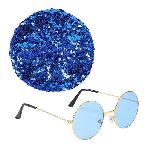 SLEEKEE 1 Stück Millinery Und 1 Stück Karnevalsbrille, Glitzeranzug, Bunter Paillettenhut, Glitzerbaskenmütze, Hip-Hop-Sonnenbrille, Retro-Rundbrille Für Maskerade, Party, Abschlussballkleid (Blau) von SLEEKEE