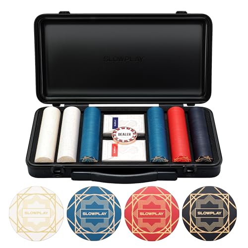 SLOWPLAY Nash Pokerset, 300 Keramik Pokerchips ohne Werte | Profi pokerchips hochwertige, 10g | inkl. Deluxe Pokerkoffer, 2X Plastik Pokerkarten, Dealer Button von SLOWPLAY