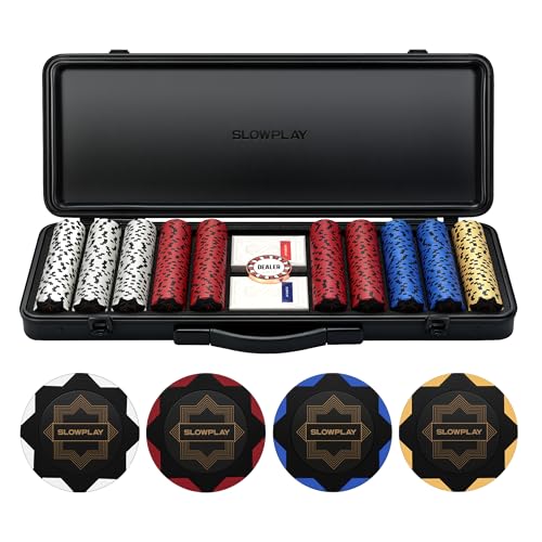 SLOWPLAY Nash Pokerset, 500 Poker Chips ohne Werte | Profi pokerchips aus Ton 14g | inkl. großer pokerkoffer hochwertigen, Plastik Pokerkarten, Dealer Button von SLOWPLAY