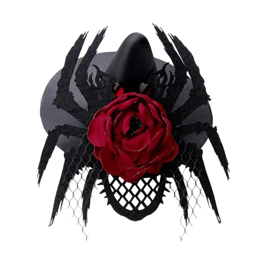 SLXLYH Halloween Kopfschmuck Dunkler Hexenhut Haarspange Große Rose Haarnadel mit Tüll Spiderling Kristall für Mädchen Jungen von SLXLYH