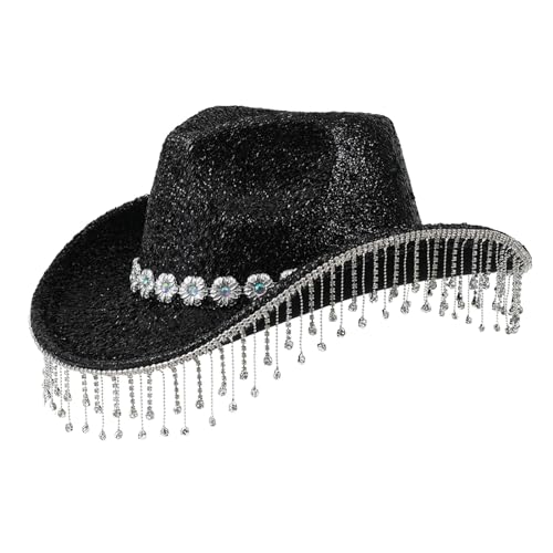 SLXLYH Urlaub Hüte Quasten Hand Perlen Kristall für Mädchen Cowgirl Hut für Karneval Musik Festival, Black Hat Silver Gra, S-4XL von SLXLYH