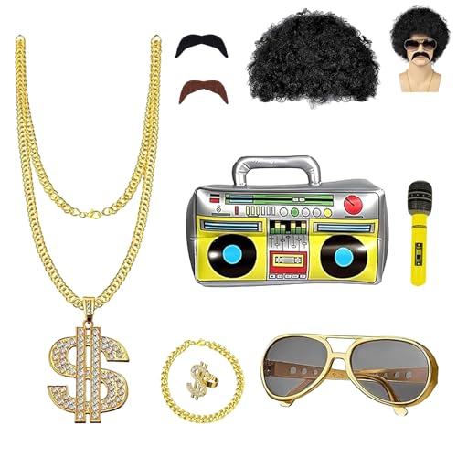 SLshiBo Hip Hop Kostüm 9 Stück Zuhälter Kostüm Gold 80er 90er Rapper Kostüm Zubehör mit Dollar Halskette Goldring Sonnenbrille Aufblasbare Boombox Herren Perücke usw. für Karneval Fasching Mottoparty von SLshiBo