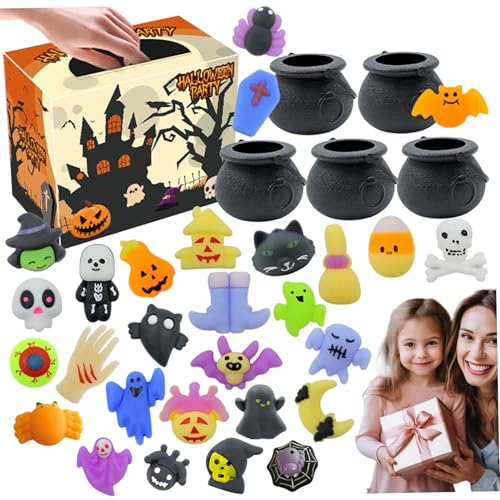 Halloween -Party -Gefälligkeiten 33pcs/Set Halloween Party Bag Füllstoffe umfassen 5pcs Plastikkessel und 28 PCs süße weiche Halloween Squishies Halloween Toys for Kids Trick or Treat Party Preise von SMELEYOU