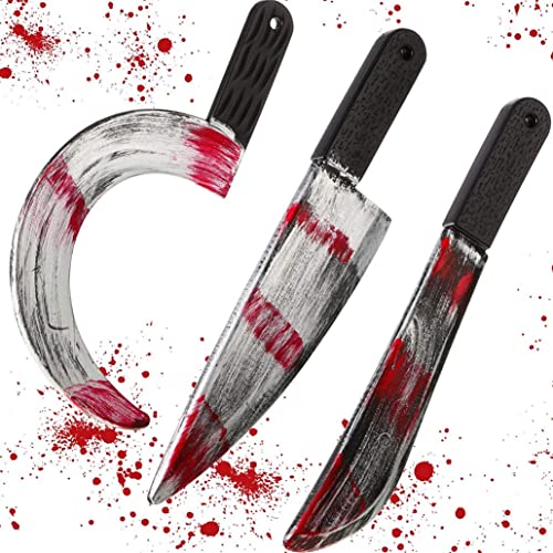 SMELEYOU Halloween Costome Cuter Fake Machete Messer 3Pcs Blutige Fake Cuter Halloween Machete Spielzeug, Kunststoff Halloween Metzger Blutige Sichel Waffe Requisite für Halloween Party Dekoration von SMELEYOU