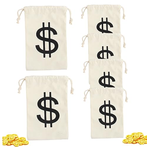 SMELEYOU Halloween Decor Money Bags für Party 6PCS 6,7 x 9,9 Zoll Dollar Schild Request Money Draw String Portable Canvas Money Bag für Halloween Party Gold Bullion von SMELEYOU