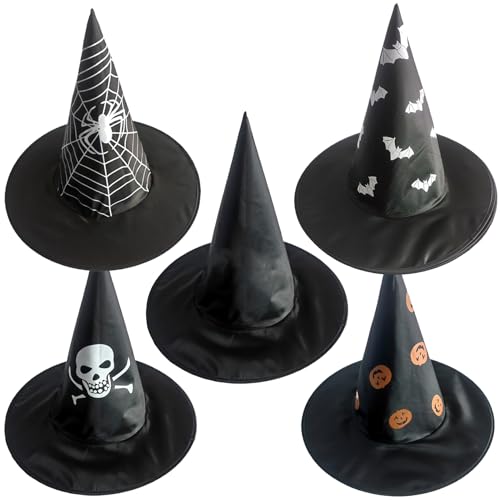 SMELEYOU Hexenhut 5 PCs Schwarzer Zaubererhut mit gruseligen Druckklappfalten schwarzer Hexenhut Einer Größe Crazy Hut für Hexen Kostüm Cosplay Halloween Party Kostüm von SMELEYOU