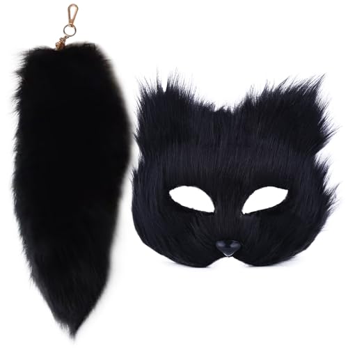 SMELEYOU Katzenmaske und Therian Tail Set Pelry Fox Mask Fox Tail Keychain Halbgesicht Maskerade Maske für Halloween Cosplay Fancy Party Schwarz von SMELEYOU