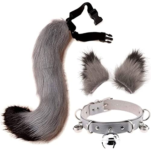 SMELEYOU Plüsch Wolf Ohren Accessoire Kunstfell Furry Wolf Tail Kit mit Ohren und Glocken Kragen Halloween Requisiten für Jugendliche Frauen Kinder Party 3pcs von SMELEYOU