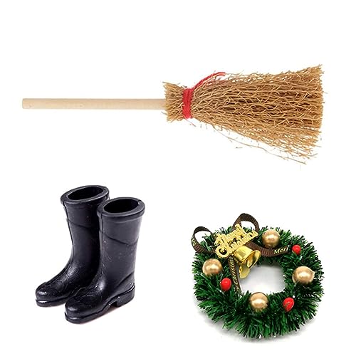 SMELEYOU Puppenhaus Weihnachtskranz Mini Simulation Besen Regenstiefel Schuhe Puppen Hausmöbel für Weihnachtsdekoration Puppenhaus Accessoires von SMELEYOU