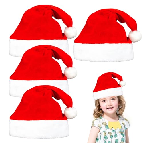 SMELEYOU Santa Hats für Kinder 4pcs Plüsch Weihnachtsfeier Hüte Rot und Weiß Weihnachtsmützen für Weihnachtskleidungszubehör Weihnachtsparty Gefälligkeiten von SMELEYOU