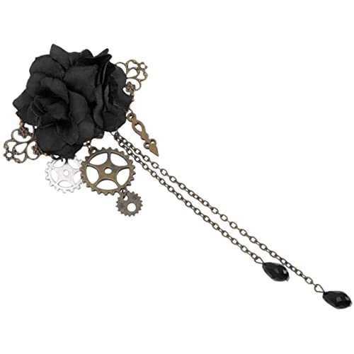 SMELEYOU Steampunk -Haarklammern mit Quasten Kette Rose Blume Haar Clip Vintage Halloween Kopfschmuck Goth Gothic für Frauen Mädchen Schwarz von SMELEYOU