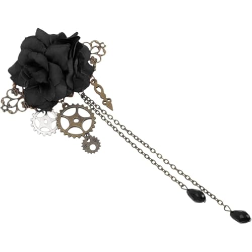 SMELEYOU Steampunk Haarklammern mit Quasten Kette Rose Blume Haare Clip Vintage Halloween Kopfschmuck Goth Gothic Hair Accessoires für Frauen Mädchen Schwarze Kinder Spielzeugzubehör Accessoire von SMELEYOU