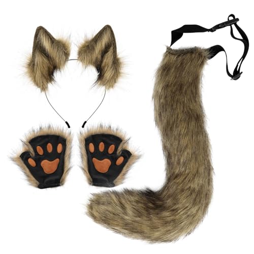 SMELEYOU Therian Gear Therian Tail und Fuchs Ohren Therian Paws 3 Pack Faux Fur Katzenohren Fluffy Fox Kostüm Erwachsene Frauen Männer Fuchs KostüM für Rollenspielparty Party, Gras Gelb von SMELEYOU