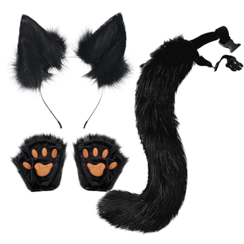 SMELEYOU Therian Gear Therian Tail und Fuchs Ohren Therian Paws 3 Pack Faux Fur Katzenohren Fluffy Fox Kostüm Erwachsene Frauen Männer Fuchs KostüM für Rollenspielparty Party, Schwarz von SMELEYOU