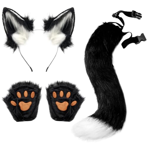 SMELEYOU Therian Gear Therian Tail und Fuchs Ohren Therian Paws 3 Pack Faux Fur Katzenohren Fluffy Fox Kostüm Erwachsene Frauen Männer Fuchs KostüM für Rollenspielparty Party, Weiß Schwarz von SMELEYOU