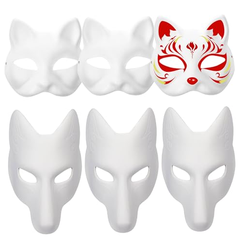 SMELEYOU Therian Mask 3pcs Katzenmaske Zum Dekorieren ＆ 3pcs Fox Maske DIY Cat Mask Lackierer Fuchs Maske WeißE Masken Therian Mit Gummiband WeißE Tiermaske Katzen Maske für Kinder Masquerade Party von SMELEYOU