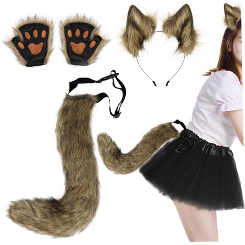 SMELEYOU Therian Tail Therian Gear Fox Ohren Und Schwanz Therian Pfoten 3 Pack Faux Fur Therian Gear Fluffy Fox KostüM Erwachsene Frauen MäNner FüR Rollenspiele Party Gras Gelbgelb Gelb von SMELEYOU