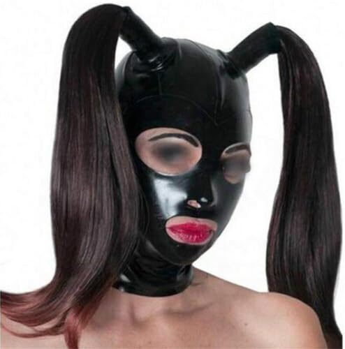 SMGZC Latex Kopfmaske mit Perücke,Schwarz Latex Haube Maskieren Latex Masken Kopfhaube GesichtMasken Für Cosplay Party (2XL) von SMGZC