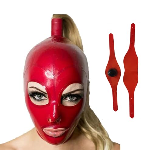 SMGZC Latex Maske Latex Kopfmaske mit Perücke,Mundknebel,Augenmaske,Gummi Haube Maskieren Cosplay Latex Masken Kopfhaube (L,rot) von SMGZC