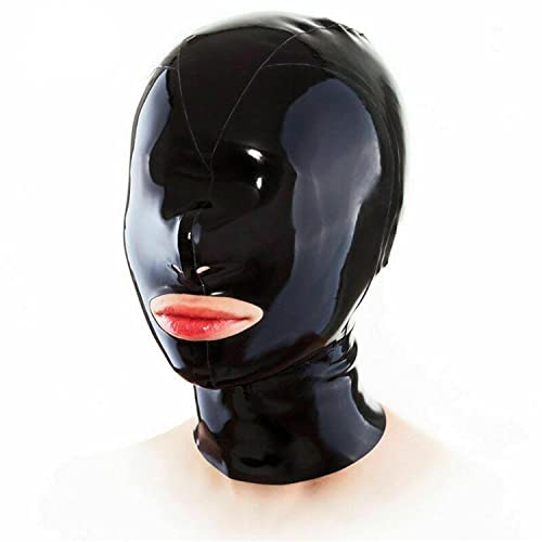 SMGZC Schwarz Latex Maske,exponiert Mund Latex Kopfmaske Gummi Kopfhaube Bondage Latex Masken BDSM-maske Für Cosplay Party Halloween (2XL) von SMGZC