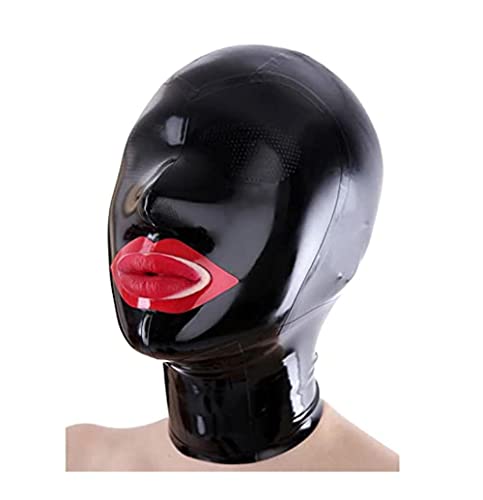 SMGZC Schwarz Latex Maske,exponiert Mund Latex Kopfmaske Gummi Kopfhaube Bondage Latex Masken BDSM-maske Für Cosplay Party Halloween (XL) von SMGZC