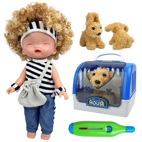 SMILESSKIDDO 30,5 cm große Babypuppe & Teddy-Haustier-Hundekäfig-Spielset, Babypuppe mit Haaren und Spielzeugtier für Kinder Kleinkinder – inklusive Puppe und Zubehör von SMILESSKIDDO