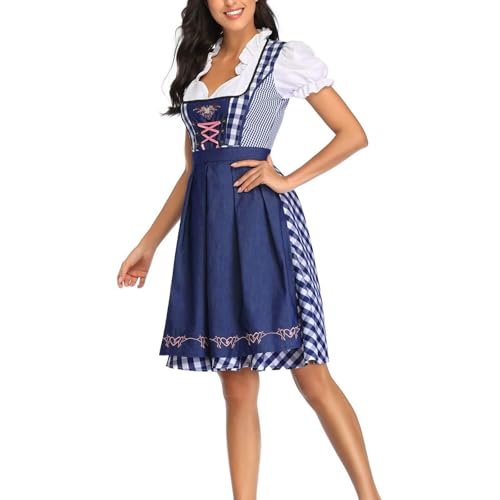 SMIMGO Oktoberfest-Bierfest-Kostüm, Mädchenkleid, Biermädchen, deutsches Dirndlkleid, Übergröße, karierte Schürze, Kostüm für Erwachsene (A1, Blau, L) von SMIMGO