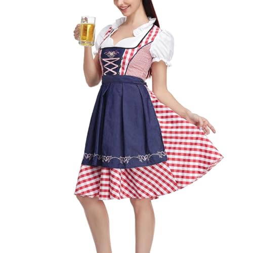 SMIMGO Oktoberfest-Bierfest-Kostüm, Mädchenkleid, Biermädchen, deutsches Dirndlkleid, Übergröße, karierte Schürze, Kostüm für Erwachsene (A1, Rot, L) von SMIMGO