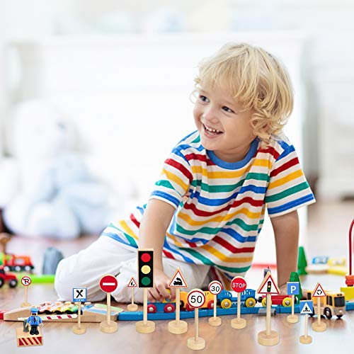 SNAGAROG 15 Stücke Verkehrsschilder Set Holz Verkehrszeichen Lernspielzeug Kinder Holzstraßenschilder Educational Spielzeug für Verkehrswissen Lernen - Multicolor von SNAGAROG