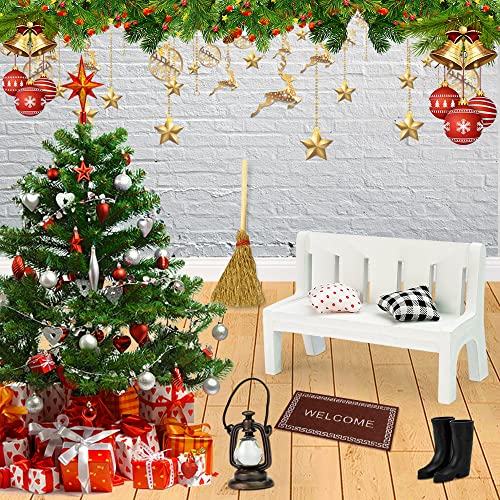 SNAGAROG Miniatur Puppenhaus Ornament Set Miniatur Holzbank Regen Stiefel Kissenstuhl Teppich Besen Retro-Öllampe Weihnachten Miniatur Puppenhaus Zubehör für DIY Dekor Geschenk von SNAGAROG