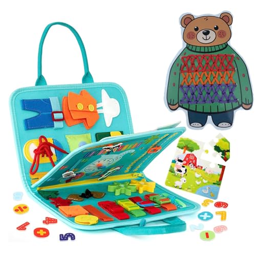 SNONESIY Busy Board Ab 1 Jahr,Activity Board Ab 1 Jahr,Busy Book Sensory Spielzeug,Aktivityboard Baby für 1 2 3 4 5 Jahr Kinder Jungen Mädchen,mit Bären-Einfädelbrett,Busy Board (Blau) von SNONESIY