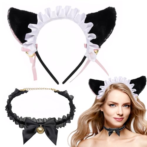 SNONESIY Katzenohren 2 PCS Cat Ears Cat Ears & Katzenohrhalsband Schwarze Katzenohren Haarreif Cosplay-Plüsch-Stirnband Katzen-Stirnband Karneval Fasching Halloween Kinder und Damen von SNONESIY