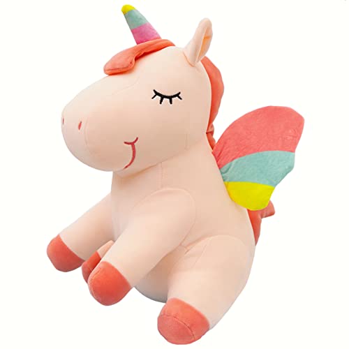 Hockendes Sitzendes Einhorn Stofftier Spielzeug Niedliches weiches Einhorn Plüsch Umarmungskissen mit Regenbogenflügeln Kawaii Spielzeug für Kinder Mädchen (Rosa, 25 cm) von SNOWOLF