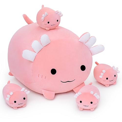 SNOWOLF 40cm Axolotl Plüschtier mit 4pcs kleines Baby Axolotl im Bauch der Mutter, weiche Baumwolle Plüschtiere Squishy und kuschelige gefüllte Tier Kissen Geschenke für Kinder (Rosa) von SNOWOLF