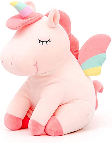 SNOWOLF Hockendes Sitzendes Einhorn Stofftier Spielzeug Niedliches weiches Einhorn Plüsch Umarmungskissen mit Regenbogenflügeln Kawaii Spielzeug für Kinder Mädchen (Rosa, 55 cm) von SNOWOLF