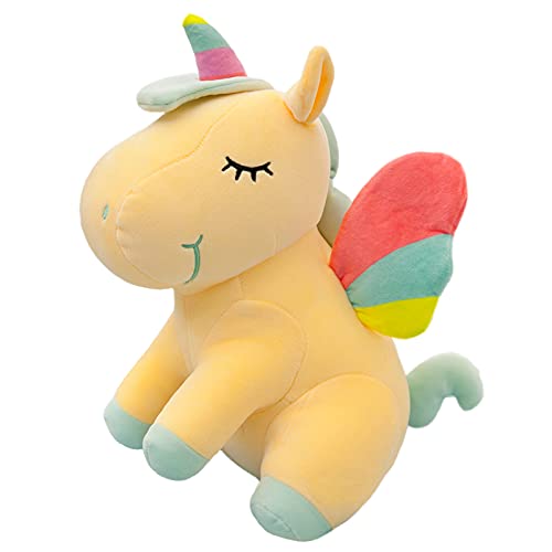 SNOWOLF Hockendes Sitzendes Einhorn Stofftier Spielzeug Niedliches weiches Einhorn Plüsch Umarmungskissen mit Regenbogenflügeln Kawaii Spielzeug für Kinder Mädchen (gelb, 40 cm) von SNOWOLF