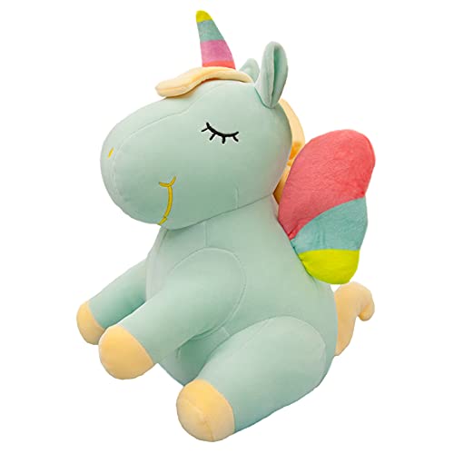 Hockendes Sitzendes Einhorn Stofftier Spielzeug Niedliches weiches Einhorn Plüsch Umarmungskissen mit Regenbogenflügeln Kawaii Spielzeug für Kinder Mädchen (grün, 55 cm) von SNOWOLF