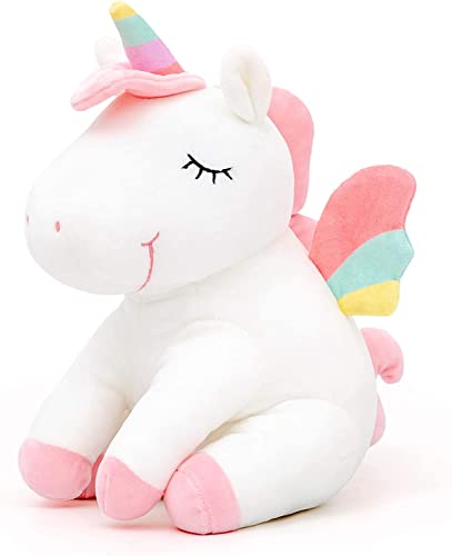 SNOWOLF Hockendes Sitzendes Einhorn Stofftier Spielzeug Niedliches weiches Einhorn Plüsch Umarmungskissen mit Regenbogenflügeln Kawaii Spielzeug für Kinder Mädchen (weiß, 55 cm) von SNOWOLF