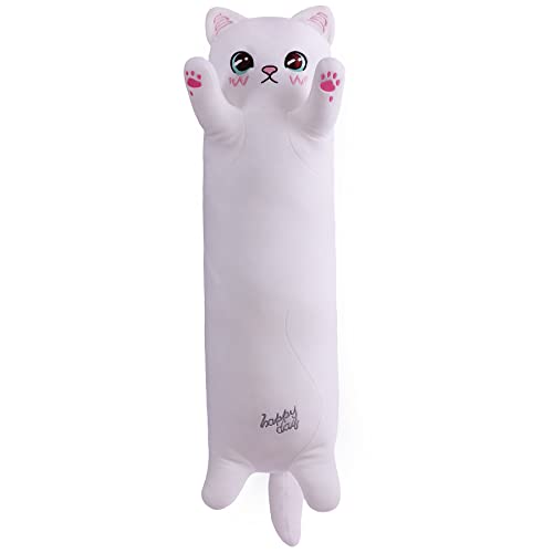 SNOWOLF Katze Weiche Kissen Plüsch Long Throw Schlafkissen Baumwolle Kätzchen Kissen Kuschelig Gefüllte Niedliche Plüschpuppe Spielzeug Stofftiere Plüschtier Geschenk (Weiß, 90cm) von SNOWOLF