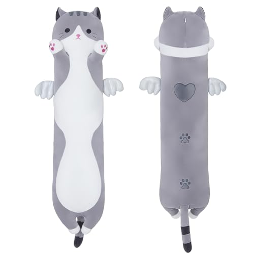 SNOWOLF Katze Weiches Kissen Plüsch Long Schlafkissen Baumwolle Kätzchen Kissen Kuschelig Gefüllte Niedliche Plüschpuppe Spielzeug Geschenk Für Kinder Freundin (Grey, 110cm) von SNOWOLF