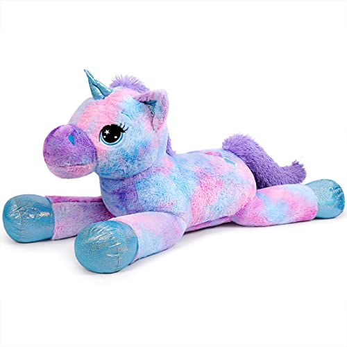 SNOWOLF Riesen Plüsch Spielzeug Einhorn Großes Plüsch Tier Spielzeug Plüsch Kissen Großes Pferd Plüsch Fluffy mehrfarbiges Einhorn Geschenk für Kinder Mädchen Jungen(blau,110cm) von SNOWOLF