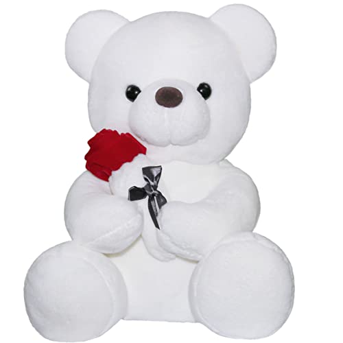 SNOWOLF Teddybär Plüschtier mit Rose, süßes Stofftier Spielzeug Kissen Bär Puppe Geschenk für Kinder Jungen Mädchen Geburtstag Weihnachten Valentinstag (23cm, Weiß) von SNOWOLF