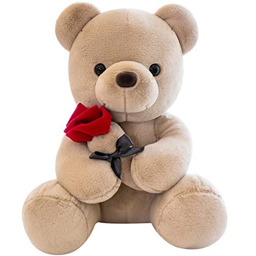 SNOWOLF Teddybär Plüschtier mit Rose, süßes Stofftier Spielzeug Kissen Bär Puppe Geschenk für Kinder Jungen Mädchen Geburtstag Weihnachten Valentinstag (35cm, Braun) von SNOWOLF