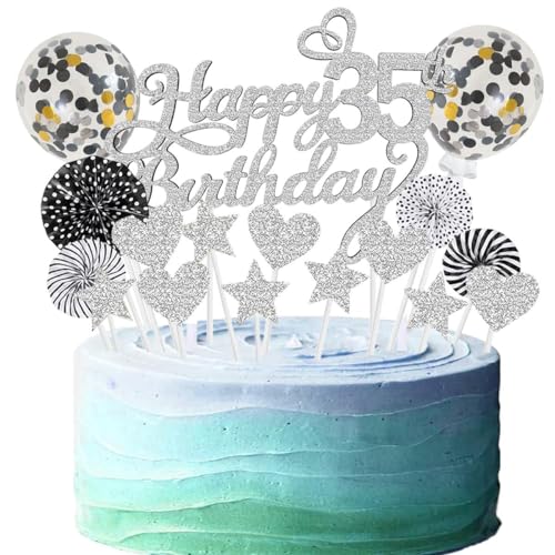 Cake Topper 35 Kuchendeko Geburtstag Frauen Silber Schwarz Happy 35.birthday Kuchen Deko 35. Geburtstag Happy Birthday 35 Geburstagstorte Deko Tortendeko 35 Silber Schwarz Kuchen Deko 35 Geburtstag von SNOWZAN